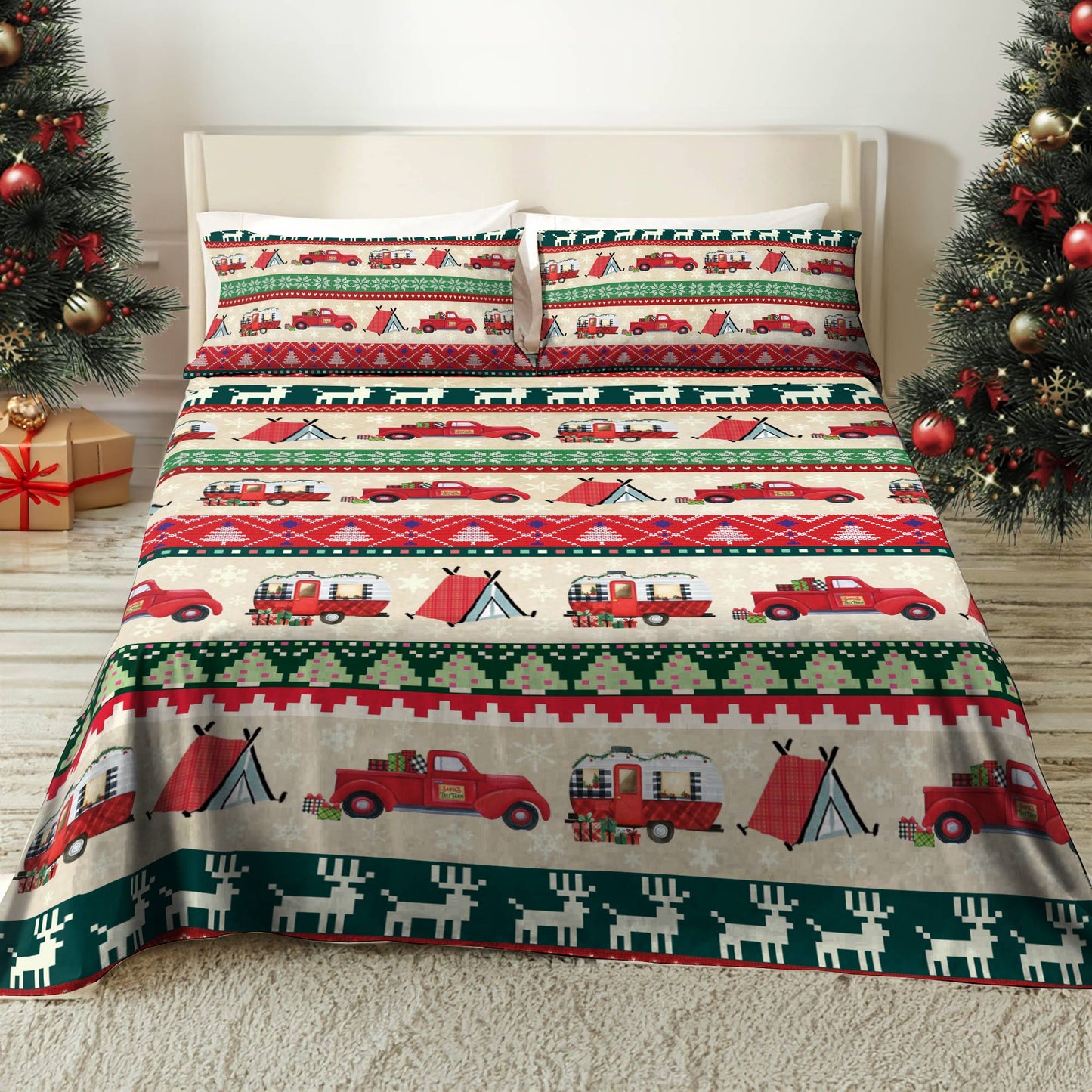 Shineful 4-Piece Bed Sheet Set Camping Christmas