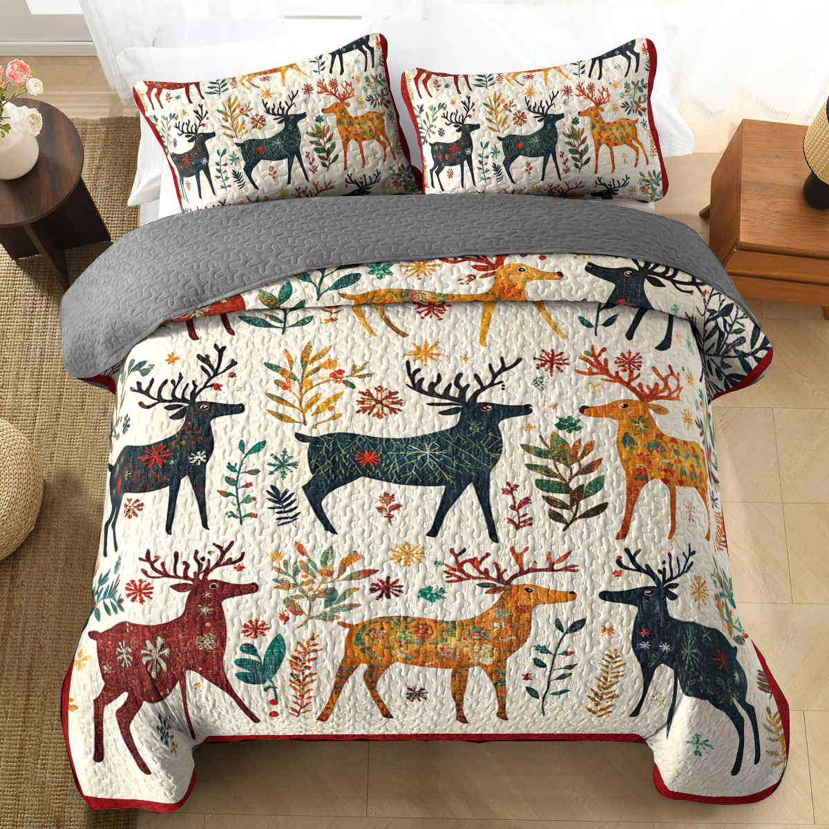 Shineful 3 Pieces Duvet Cover Set - Festive Folk Reindeer