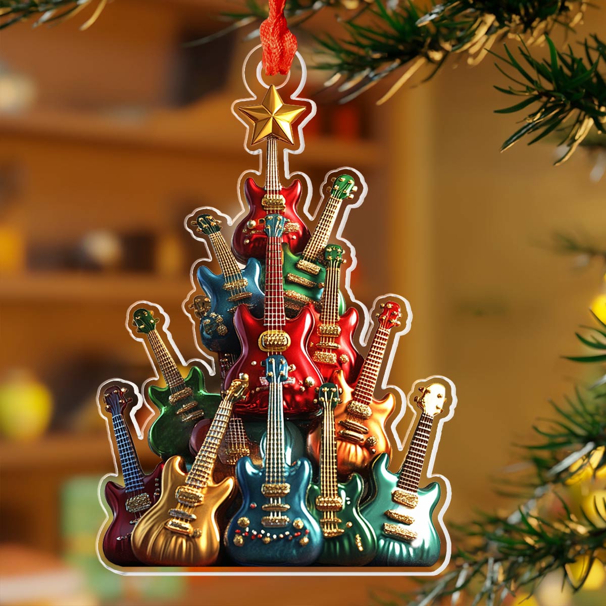 Glänzendes 2D Acryl Ornament Gitarre Weihnachtsbaum 