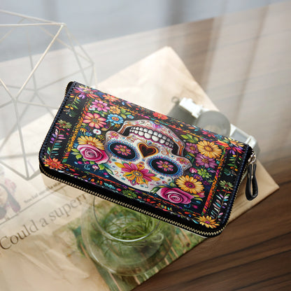 Shineful Leather Clutch Purse With Wristlet Strap Handle Calavera Floral Dreams