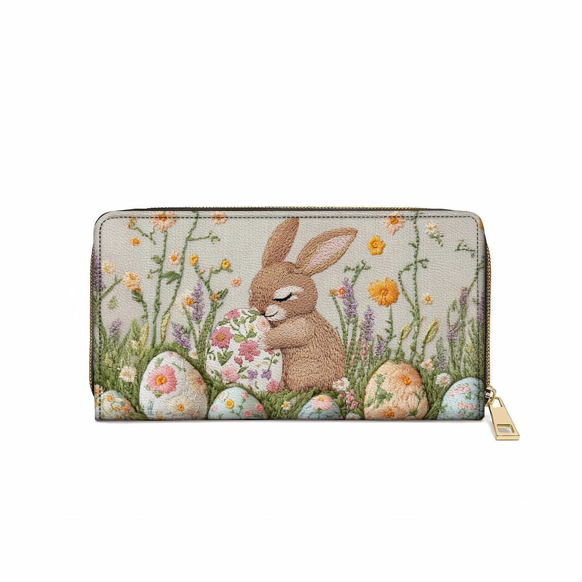 Shineful Leather Clutch Purse With Wristlet Strap Handle Hand-Embroidered Easter Bunny