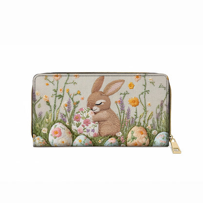 Shineful Leather Clutch Purse With Wristlet Strap Handle Hand-Embroidered Easter Bunny