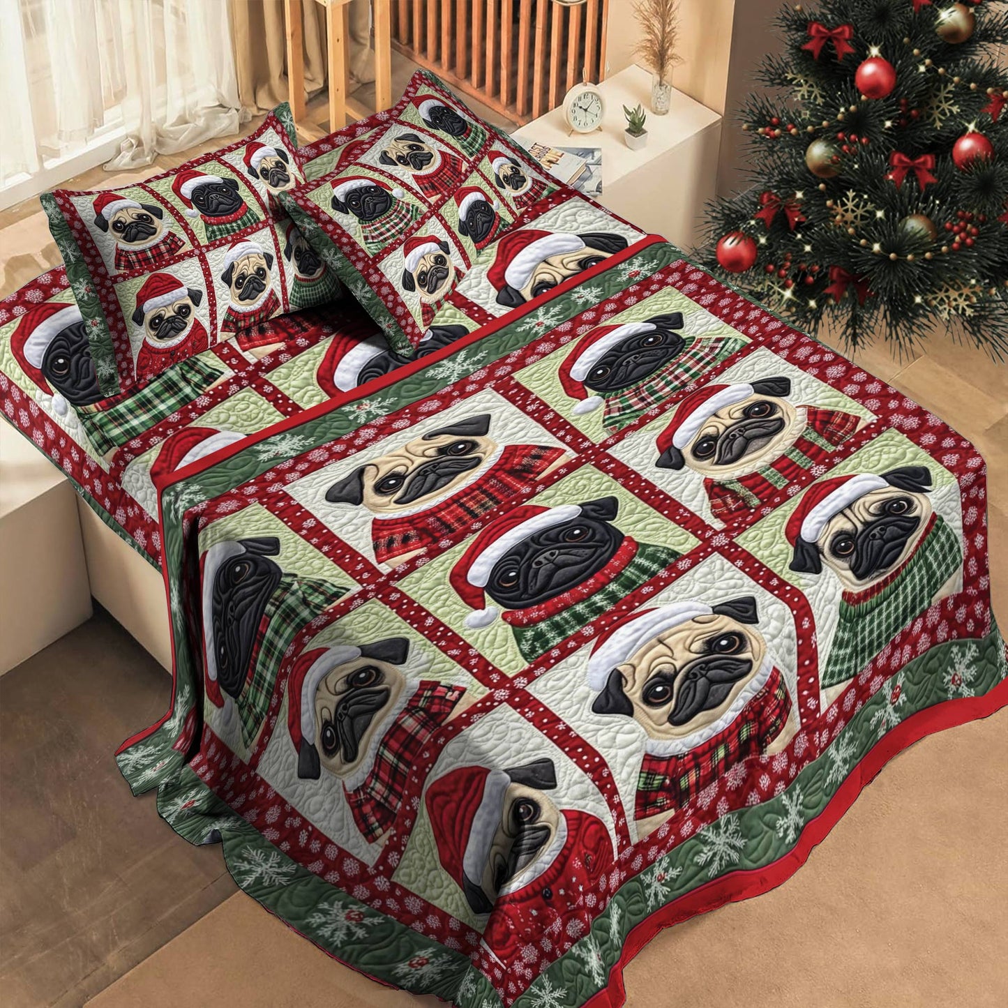 Shineful 4-Piece Bed Sheet Set Festive Pugs