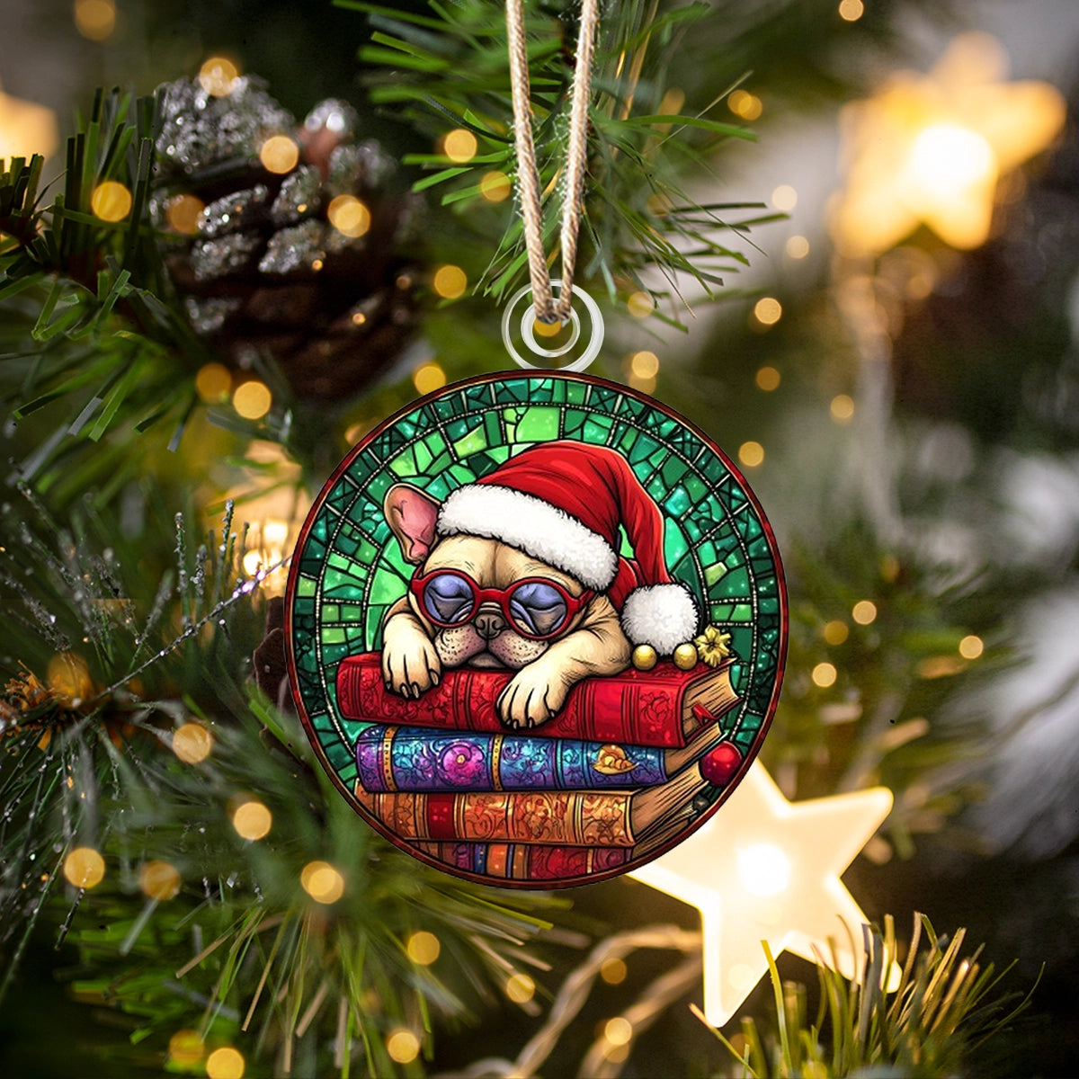 Glänzendes 2D-Ornament aus Acryl – Frenchie Holiday Bookworm