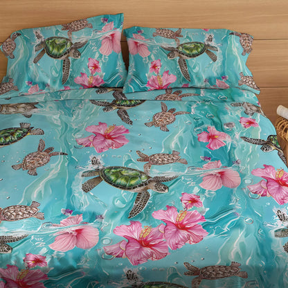 Shineful 4-Piece Bed Sheet Set - Sea Turtle Hibiscus