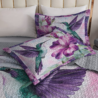 Shineful All Season Quilt 3-Piece Set Green Hummingbird & Purple Floral