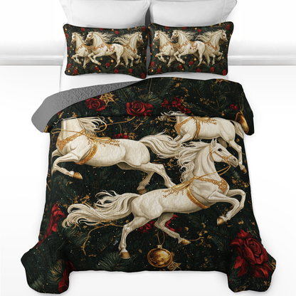 Shineful All Season Quilt 3-Piece Set - Fantasy Rose Garden with Christmas Horses