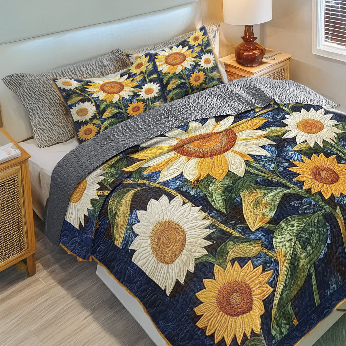 Shineful Flat Print All Season Quilt 3-teiliges Set - Mitternachtssonnenblume 