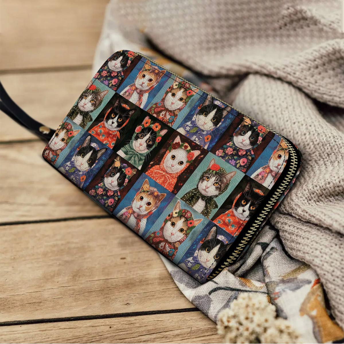 Shineful Leather Clutch Purse With Wristlet Strap Handle Vintage Cats