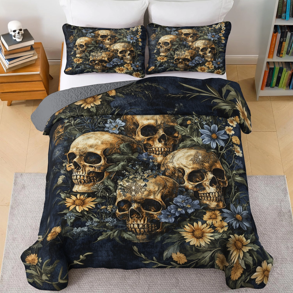 Shineful All Season Quilt 3-teiliges Set - Golden Bloom Skull