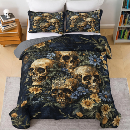 Shineful All Season Quilt 3-Piece Set - Golden Bloom Skull