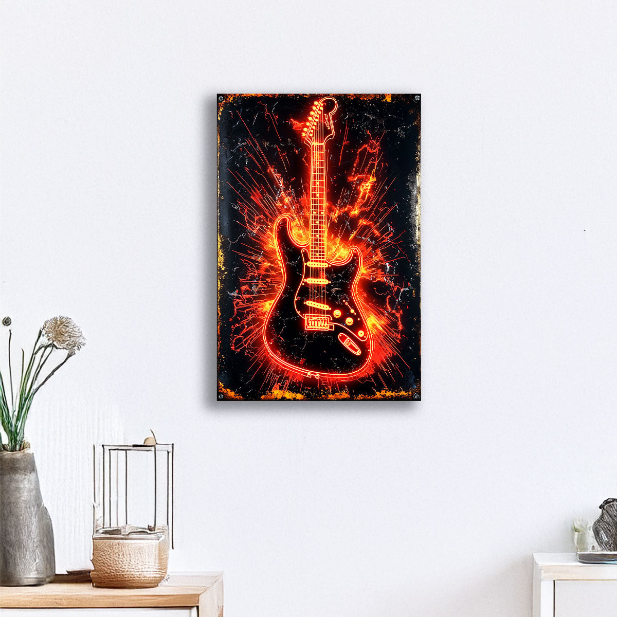 Shineful 2D Metal Sign - Fiery Guitar Explosion