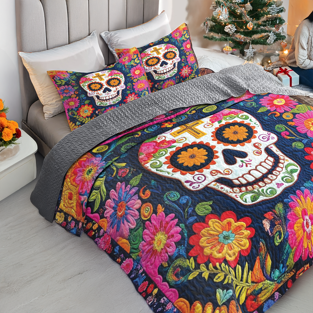 Shineful All Season Quilt 3-Piece Set Vibrant Floral Skull