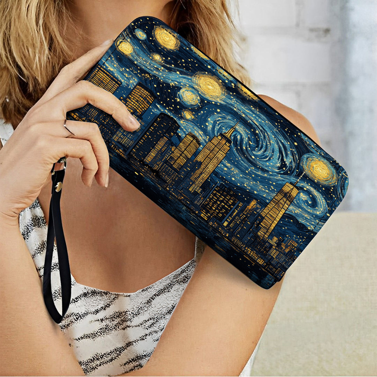 Shineful Leather Clutch Purse With Wristlet Strap Handle Starry Skyline