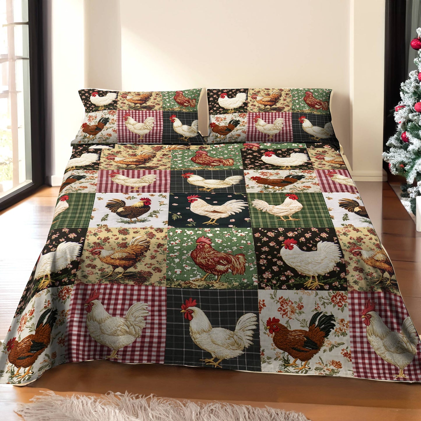 Shineful 4-Piece Bed Sheet Set Charming Floral Chickens