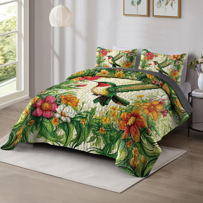 Shineful All Season Quilt 3-Piece Set Hummingbird In Spring Forest