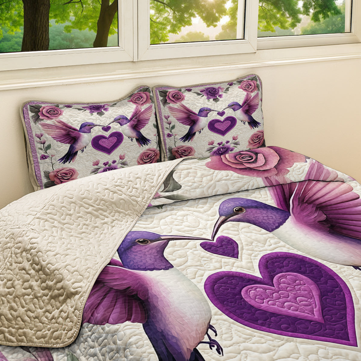 Shineful All Season Quilt 3-Piece Set Hummingbird Couple