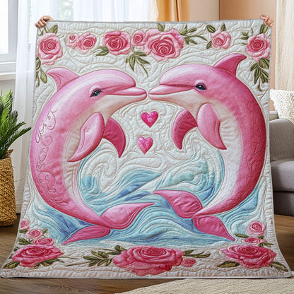 Shineful Flat Print Faux Quilt Blanket - Two Pink Dolphins in Love with Hearts and Roses