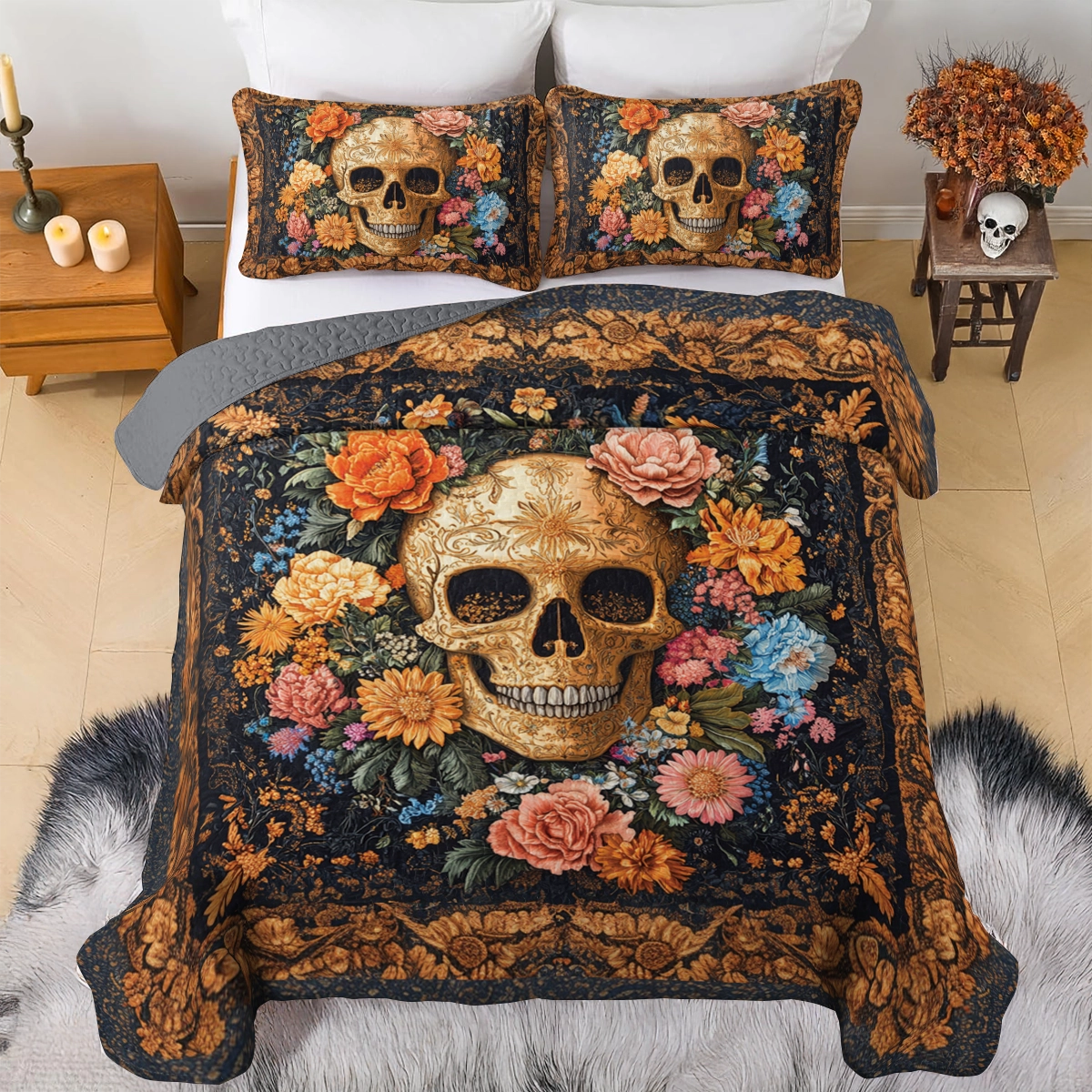 Shineful All Season Quilt 3-Piece Set Ornate Skull Garden