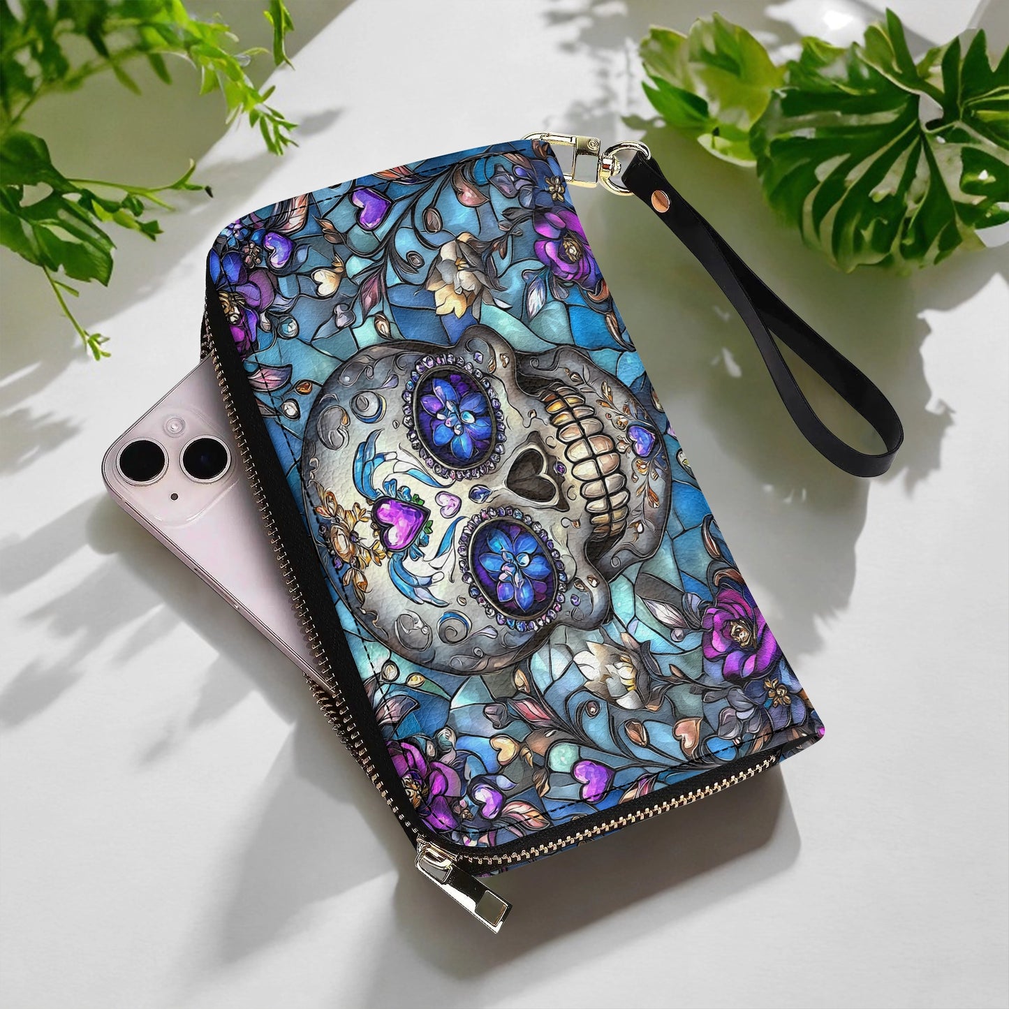 Shineful Leather Clutch Purse With Wristlet Strap Handle Lumina Gothic Skull