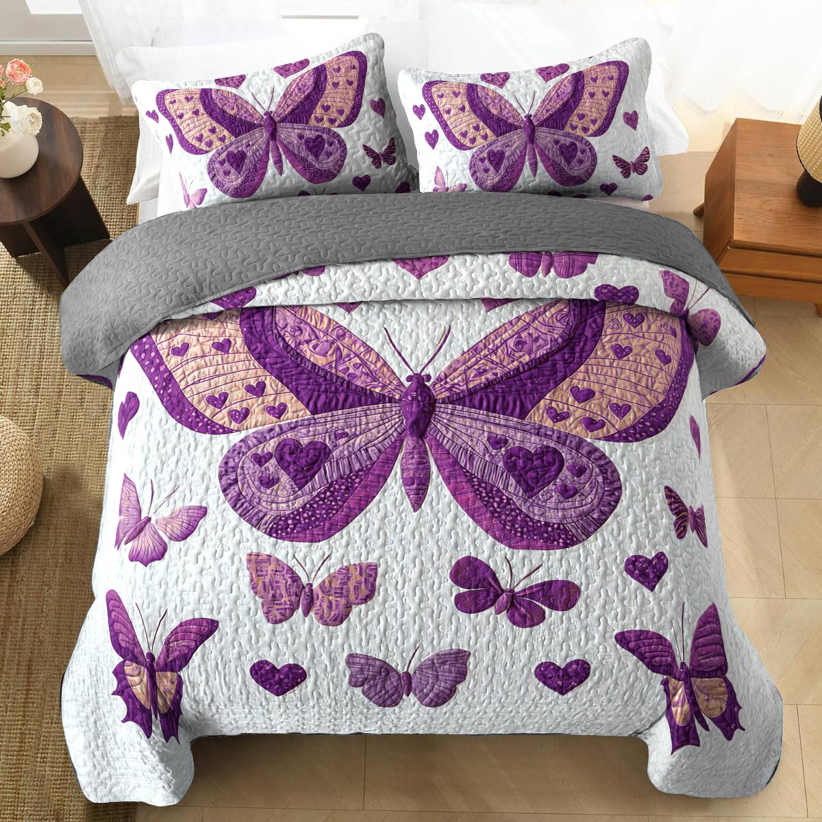 Shineful All Season Quilt 3-Piece Set - Purple Butterfly Bliss