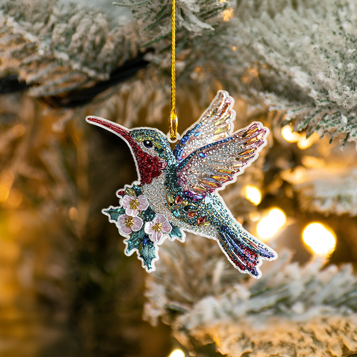 Shineful 2D Acrylic Ornament Twinkling Floral Hummingbird