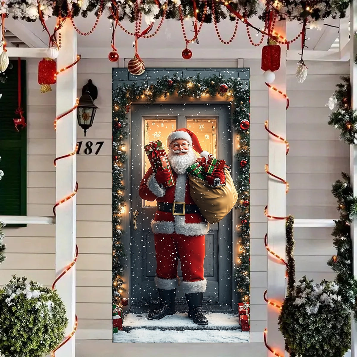 Couvre-porte brillant Père Noël avec des cadeaux à la porte 