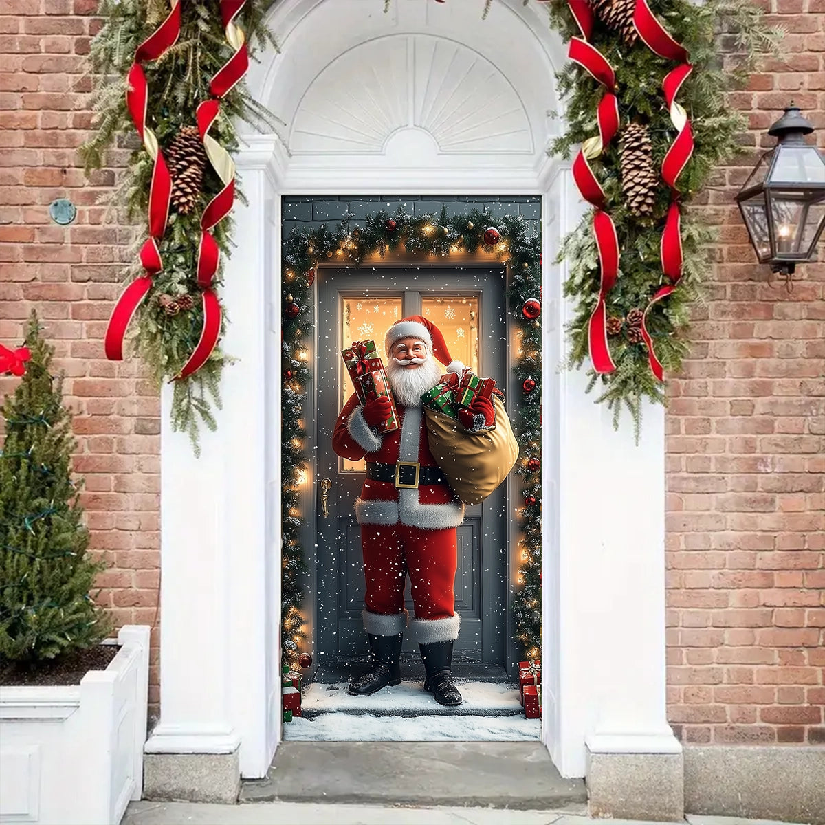 Couvre-porte brillant Père Noël avec des cadeaux à la porte 