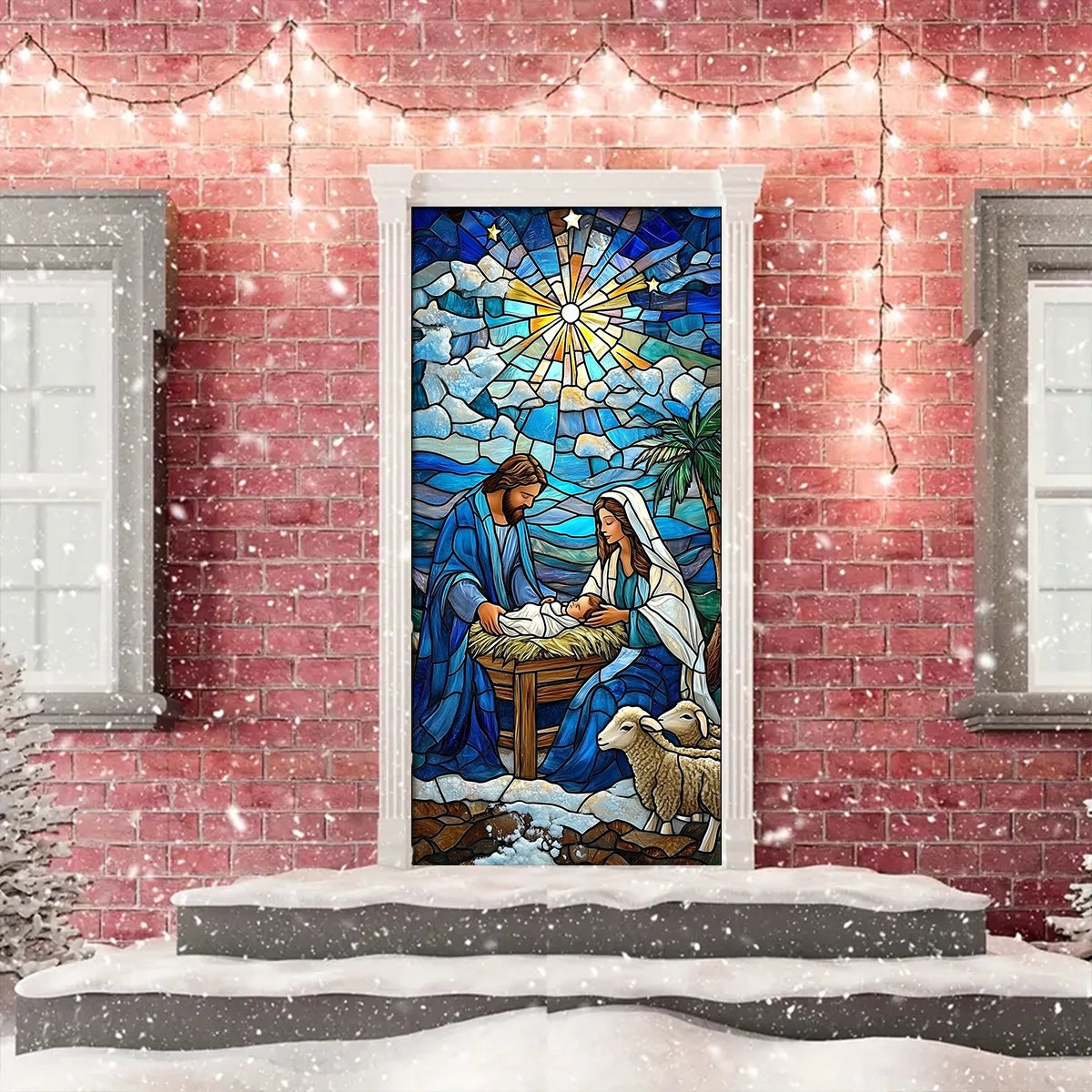 Shineful Door Cover Glass Windown Art Depicting Nativity