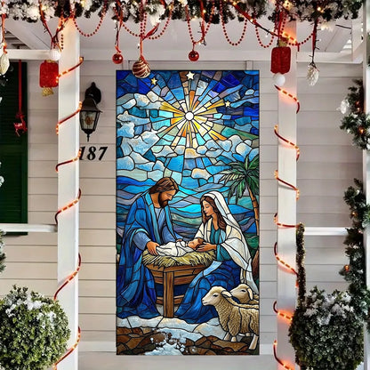 Glänzende Türverkleidung aus Glas, Fensterdekoration mit Darstellung der Geburt Christi 