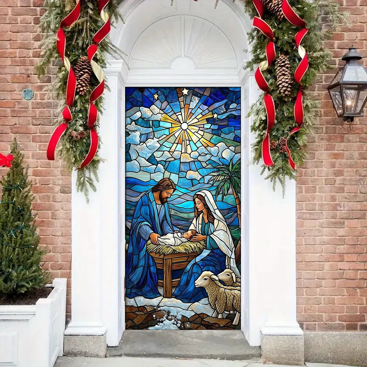 Shineful Door Cover Glass Windown Art Depicting Nativity