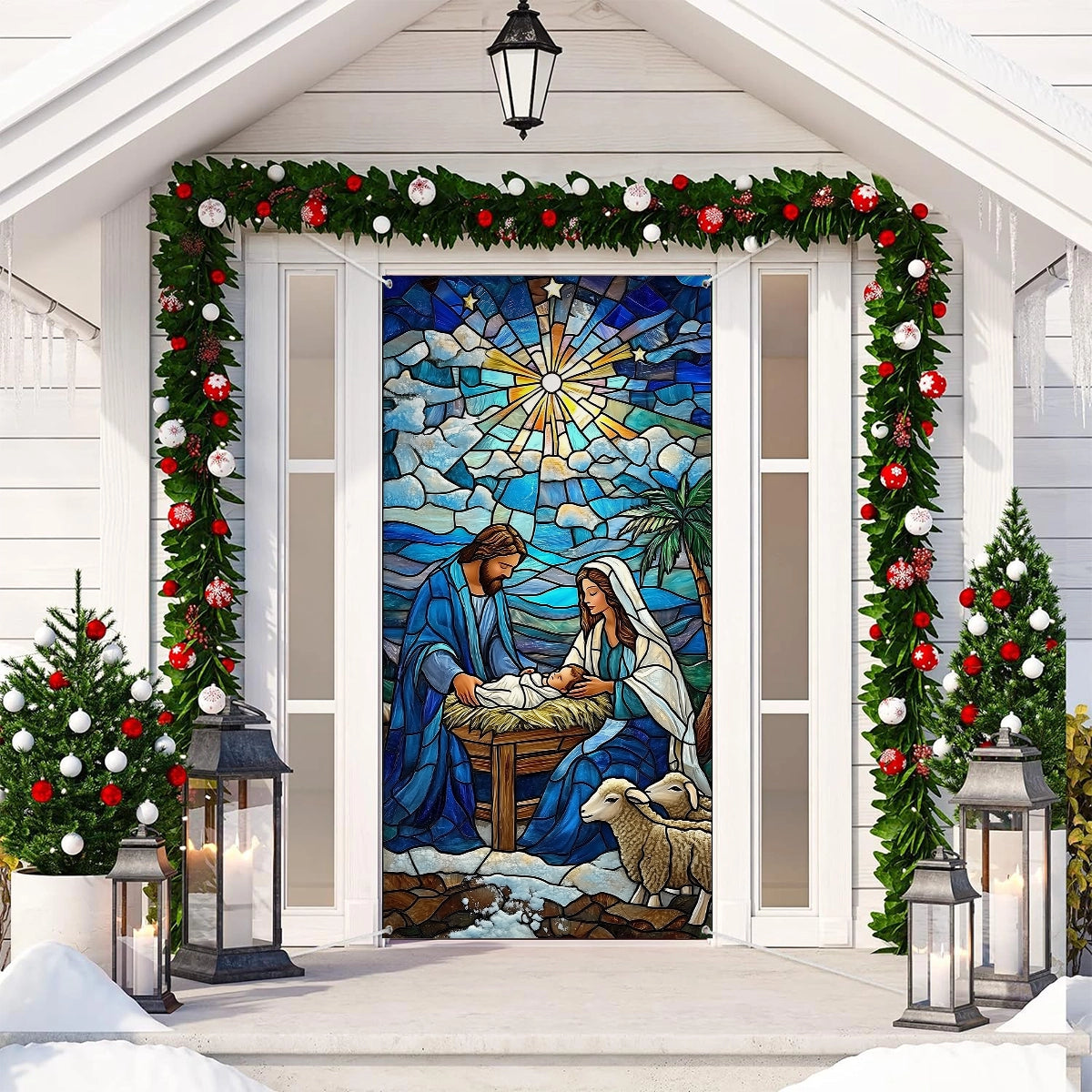 Shineful Door Cover Glass Windown Art Depicting Nativity