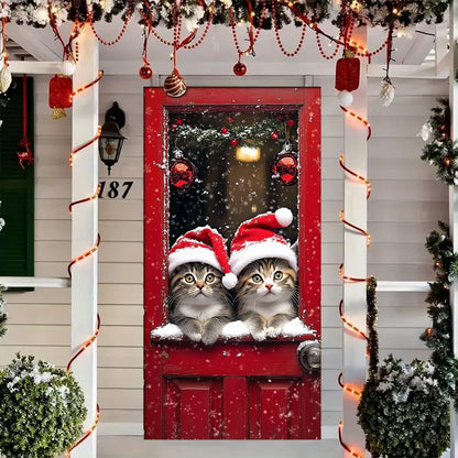 Couvre-porte brillant Chats mignons portant un chapeau de Père Noël 