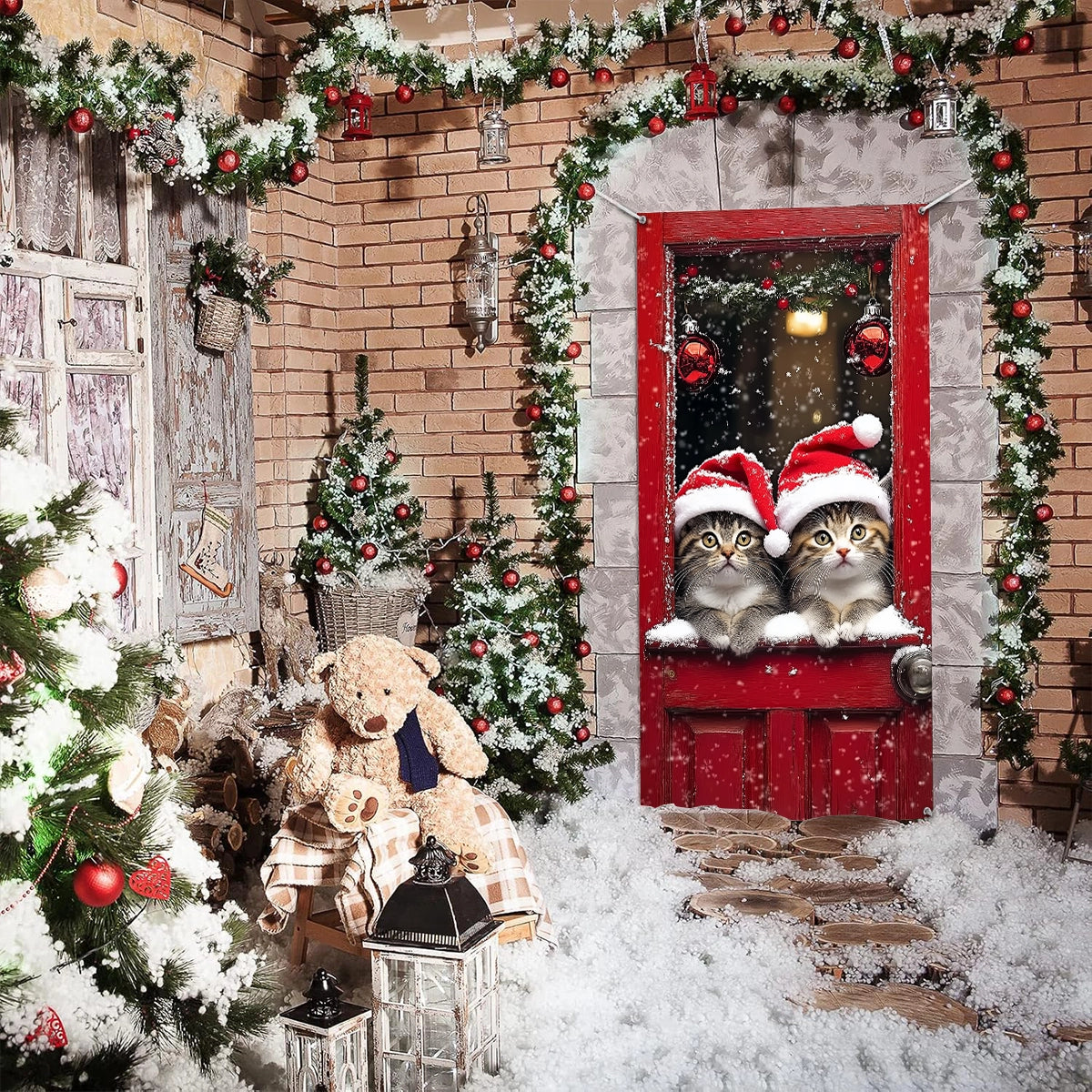 Shineful Door Cover Cute Cats wearing Santa Hat