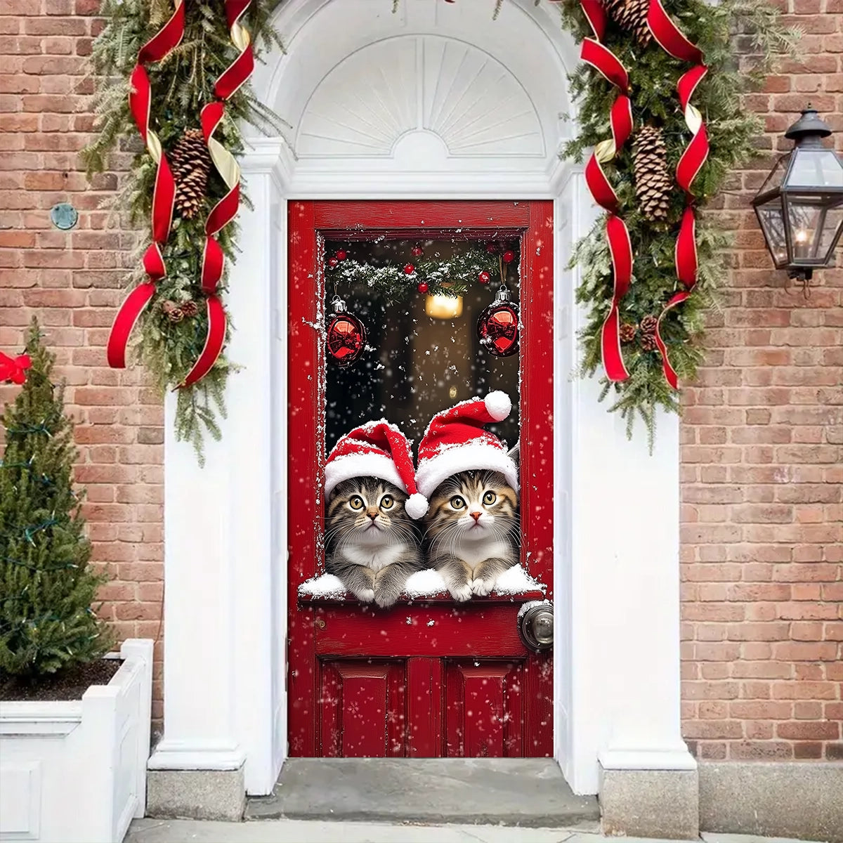 Couvre-porte brillant Chats mignons portant un chapeau de Père Noël 