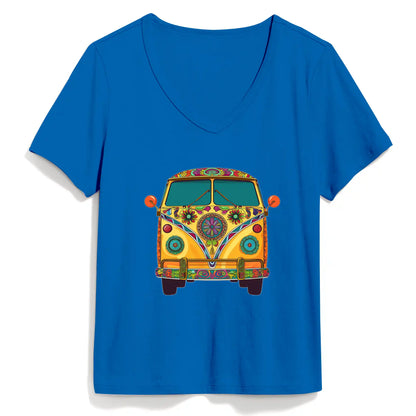 Shineful Women V-Neck T-Shirt Groovy Hippie Van Vibes for a Retro Journey