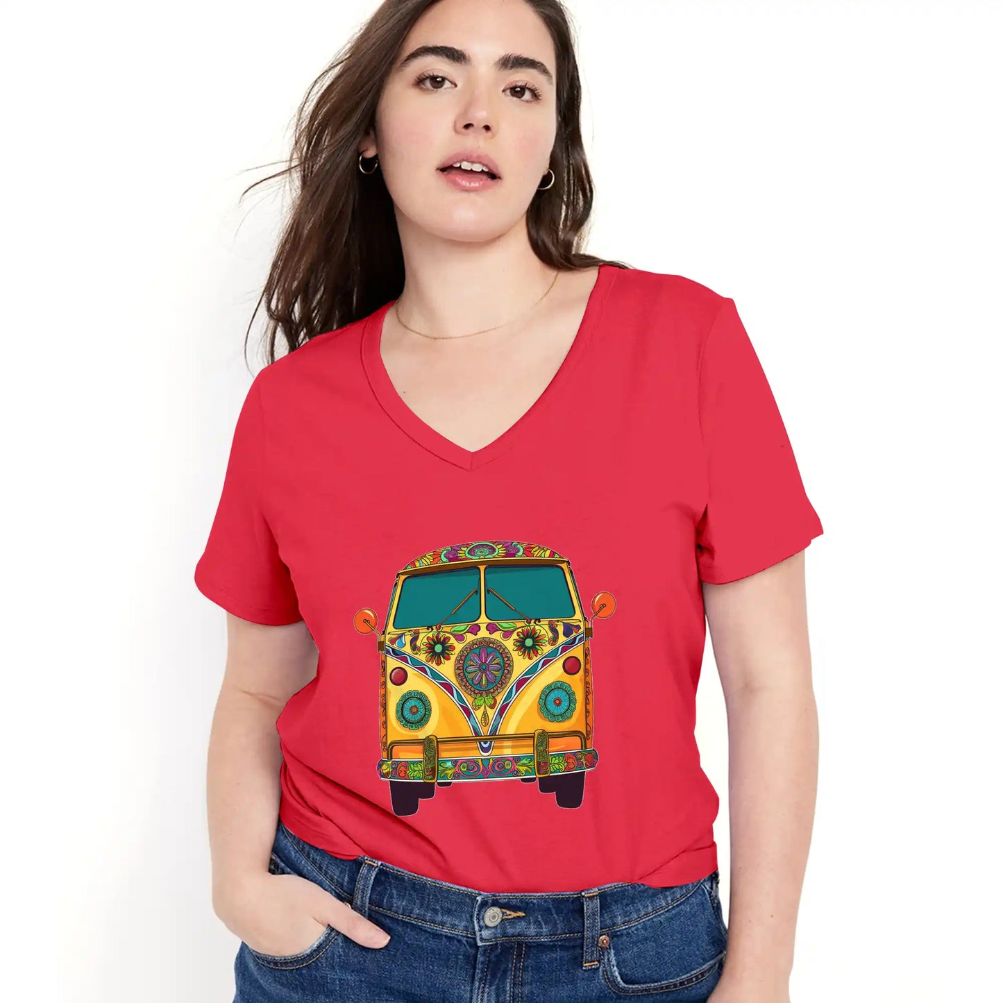 Shineful Women V-Neck T-Shirt Groovy Hippie Van Vibes for a Retro Journey