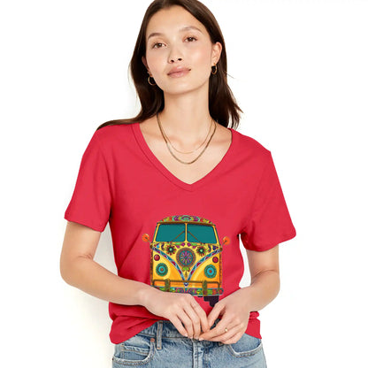 Shineful Women V-Neck T-Shirt Groovy Hippie Van Vibes for a Retro Journey