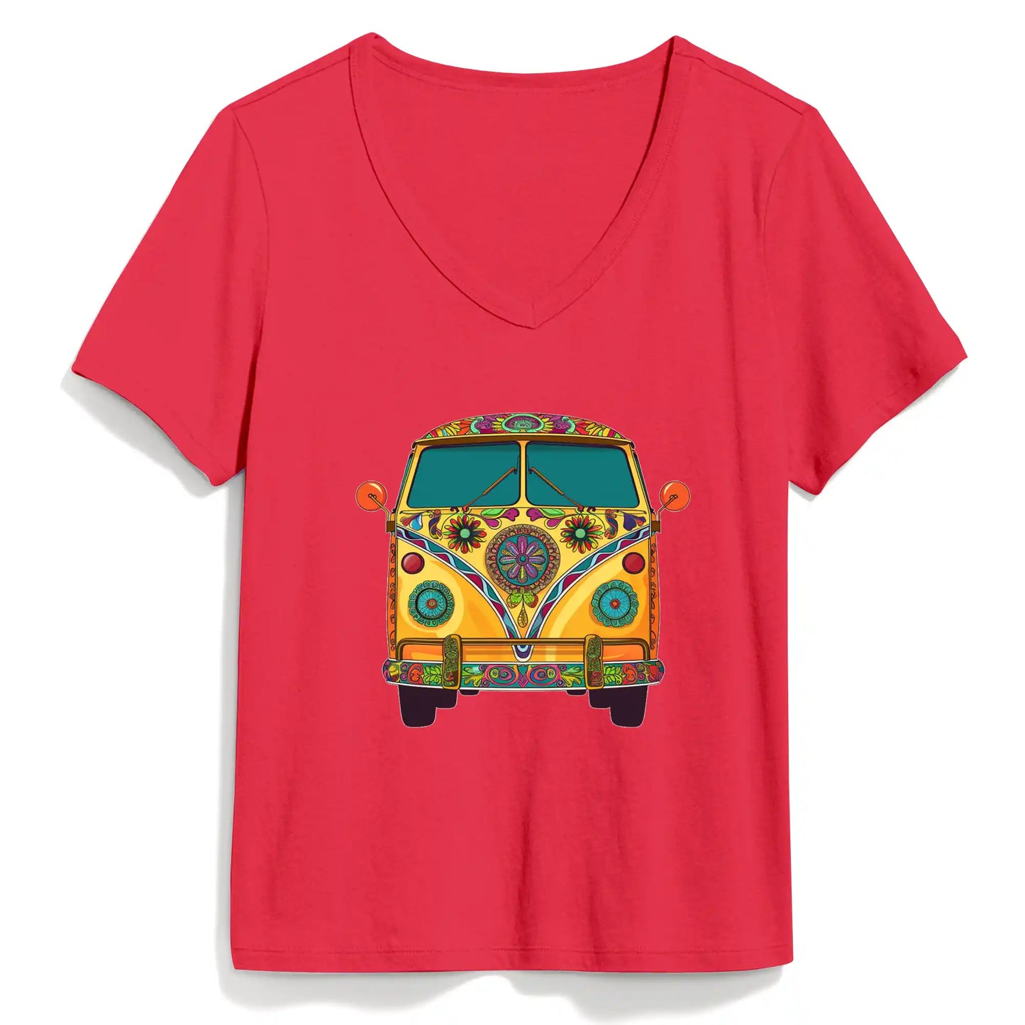 Shineful Women V-Neck T-Shirt Groovy Hippie Van Vibes for a Retro Journey