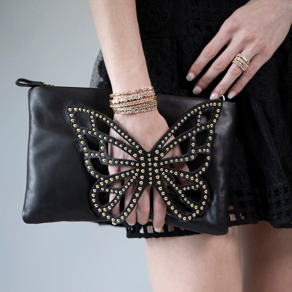 Shineful Flossy Black Soft Leather Clutch Crossbody Bag