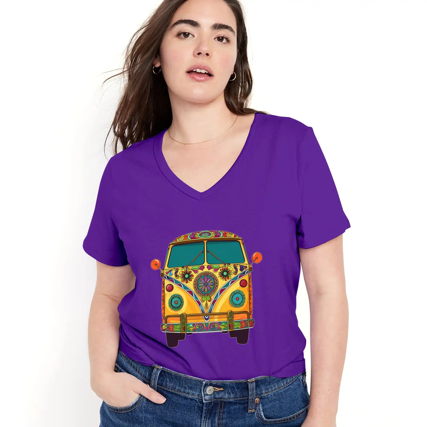 Shineful Women V-Neck T-Shirt Groovy Hippie Van Vibes for a Retro Journey