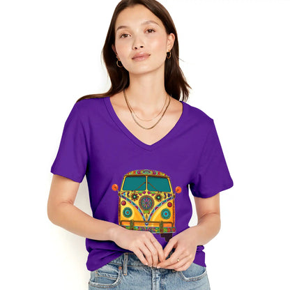 Shineful Women V-Neck T-Shirt Groovy Hippie Van Vibes for a Retro Journey