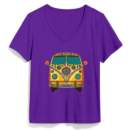 Shineful Women V-Neck T-Shirt Groovy Hippie Van Vibes for a Retro Journey