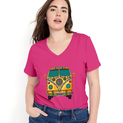 Shineful Women V-Neck T-Shirt Groovy Hippie Van Vibes for a Retro Journey