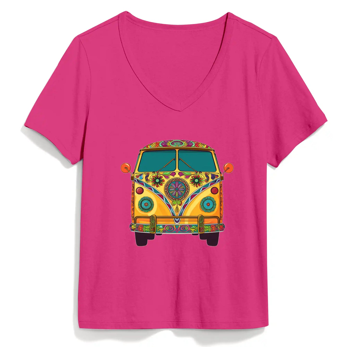 Shineful Women V-Neck T-Shirt Groovy Hippie Van Vibes for a Retro Journey