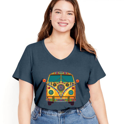 Shineful Women V-Neck T-Shirt Groovy Hippie Van Vibes for a Retro Journey