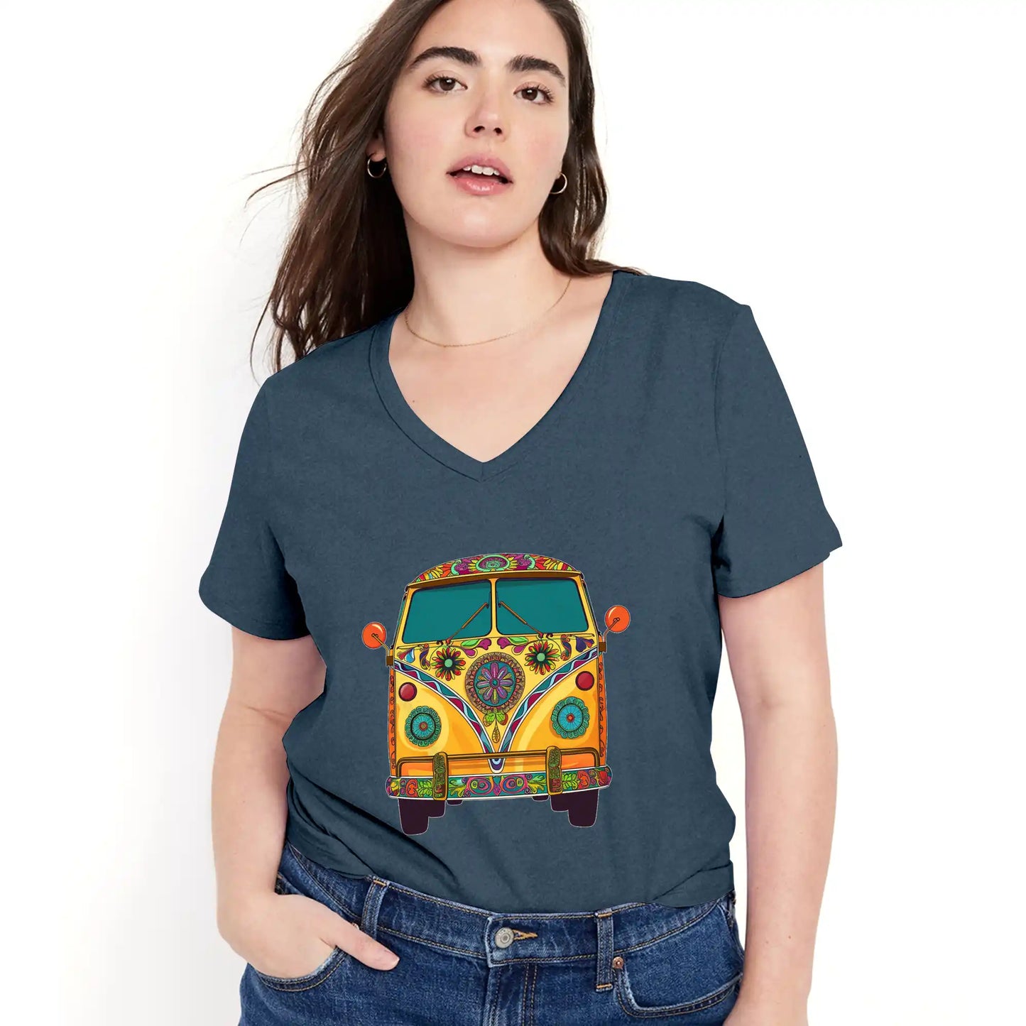 Shineful Women V-Neck T-Shirt Groovy Hippie Van Vibes for a Retro Journey