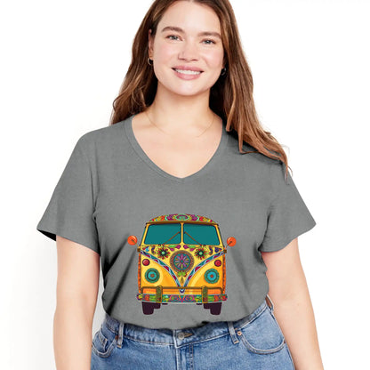 Shineful Women V-Neck T-Shirt Groovy Hippie Van Vibes for a Retro Journey