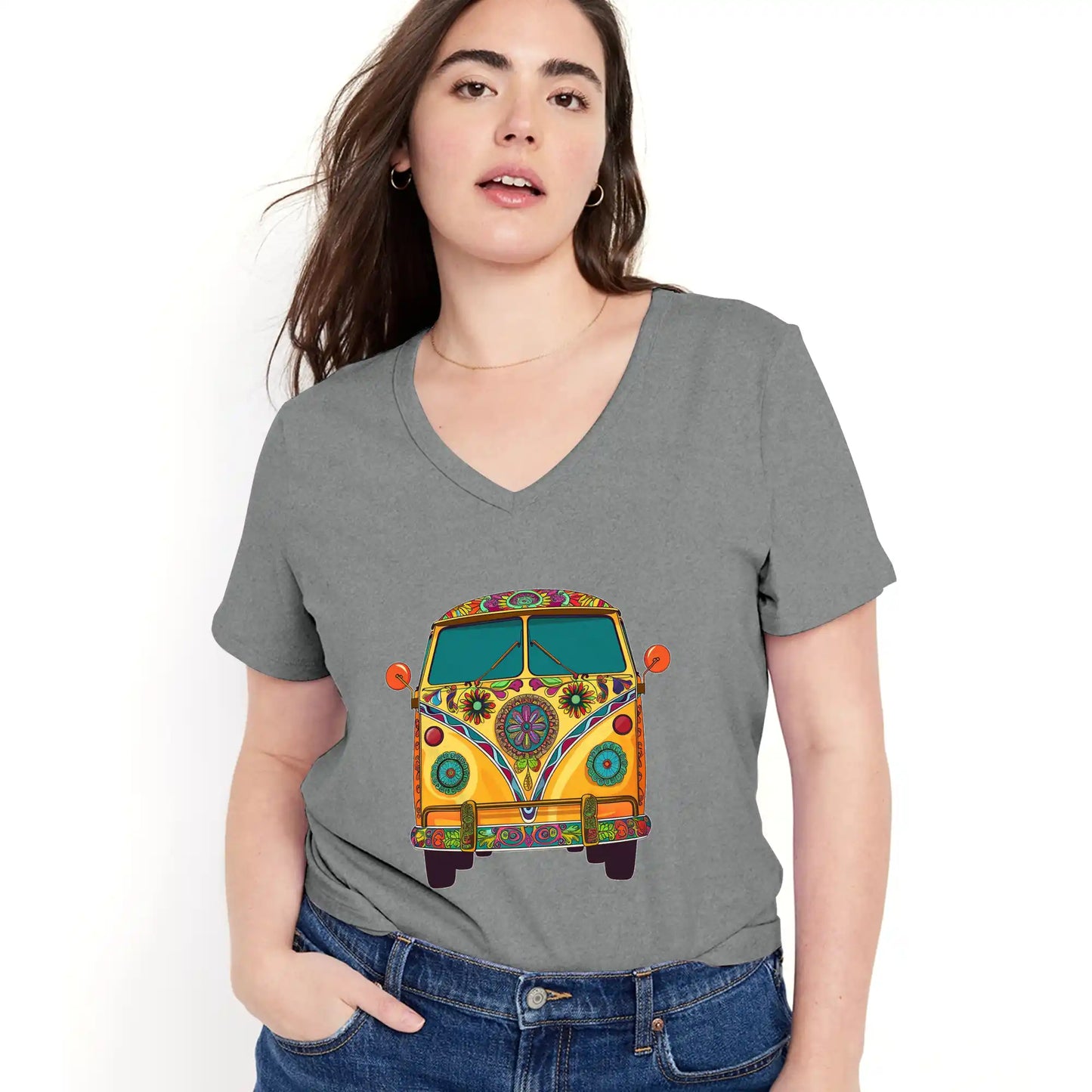 Shineful Women V-Neck T-Shirt Groovy Hippie Van Vibes for a Retro Journey