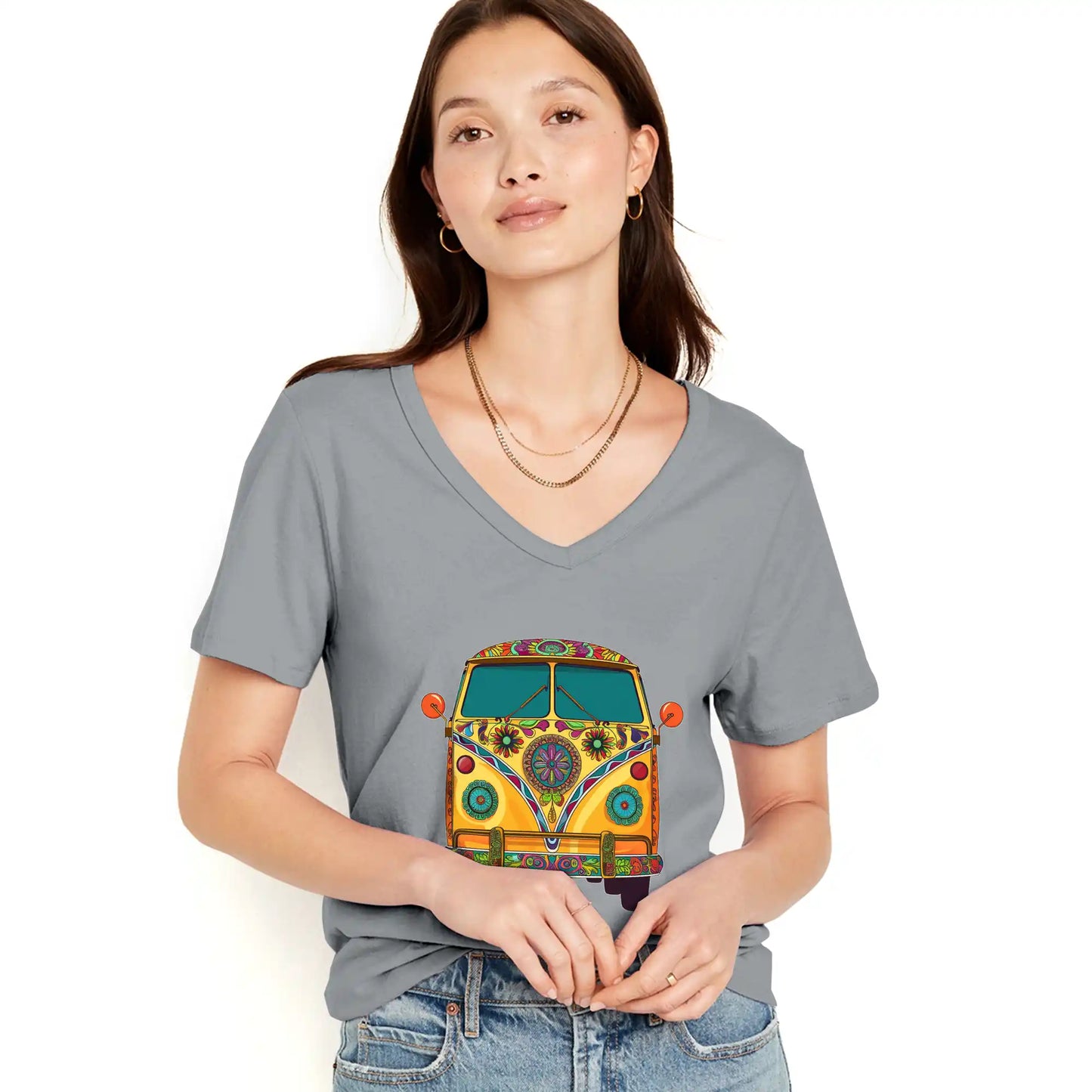 Shineful Women V-Neck T-Shirt Groovy Hippie Van Vibes for a Retro Journey